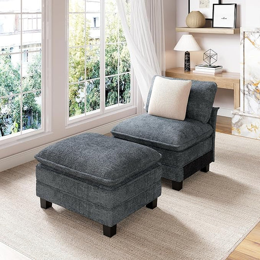 PHI VILLA Oversized Single Armless Sofa with Ottoman, Upholstered Chaise Lounge Chairs, Indoor Cloud Reading Chair with Deep Seat for Small Spaces, Chenille Fabric, Dark Cyan