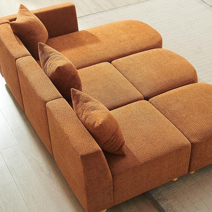 VANOMi 109.84" Modular Sectional Sofa with 3 Pillows, Convertible 5-Seater Comfy Boucle Cloud Couch with Ottoman, Modern Sectional Sofas for Living Room, Office, Apartment (Curry)
