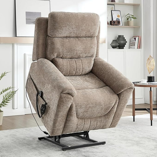 Power Lift Recliner Chair for Elderly People, Dual Motor Lay Flat Recliner with Vibration Massage and Heat, Heavy Duty Motion Mechanism Standing Assistance Reclining Chair, Chenille Fabric Khaki
