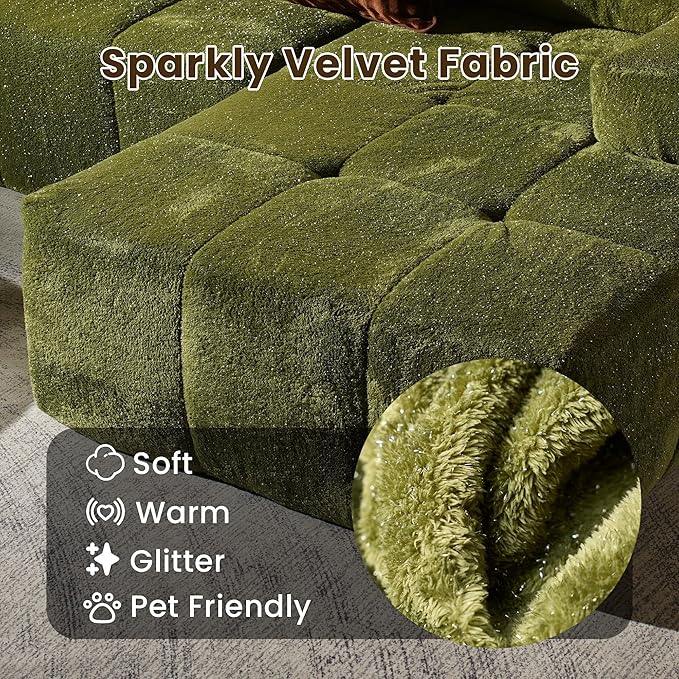 114" Glitter Cloud Sectional Couch with L-Shape Chaise, Modern Boneless Couches for Living Room Christmas Party, Fluffy Tufted Deep Seat Modular Sofa in a Box No Assembly