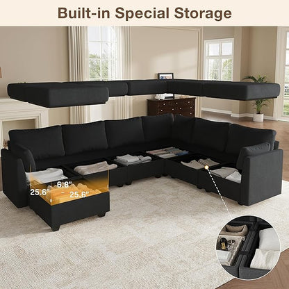 Modular Sectional Sofa Couches, Large Convertible Modular Couches with Storage, 7-Seater Sectional Sofa for Living Room, U Shaped Sectional Couch Sleeper Sofa with Chaise (Black, 7 Seats)