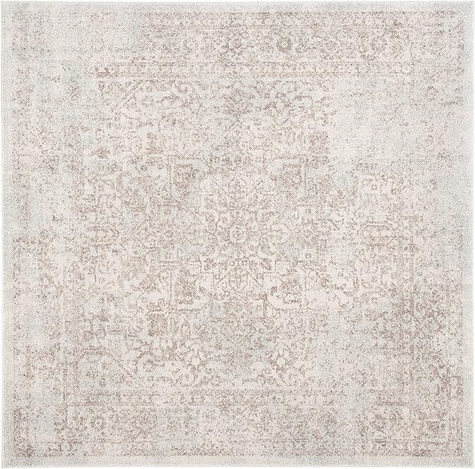 SAFAVIEH Evoke Collection Area Rug - 8' Square, Ivory & Taupe, Distressed Design, Non-Shedding & Easy to Clean, Ideal for Living Room, Bedroom, Dining Space (EVK256E)