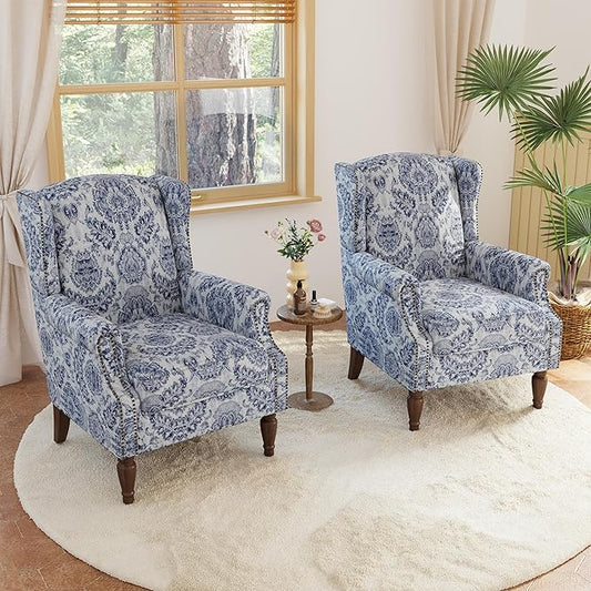 Lumibee High Back Accent Chair Set of 2, Armchair in Fabric,Comfy Upholstered Wingback Single Sofa Reading Chairs with Solid Wood Legs for Living Room,Bedroom,Office-Navy