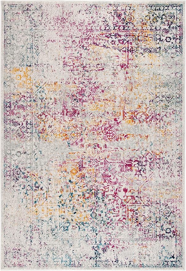 SAFAVIEH Evoke Collection 8' x 10' Ivory / Fuchsia EVK256Q Oriental Distressed Non-Shedding Living Room Bedroom Dining Home Office Area Rug