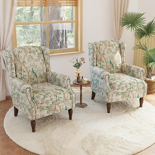 Lumibee High Back Accent Chair Set of 2, Armchair in Fabric,Comfy Upholstered Wingback Single Sofa Reading Chairs with Solid Wood Legs for Living Room,Bedroom,Office-Bird