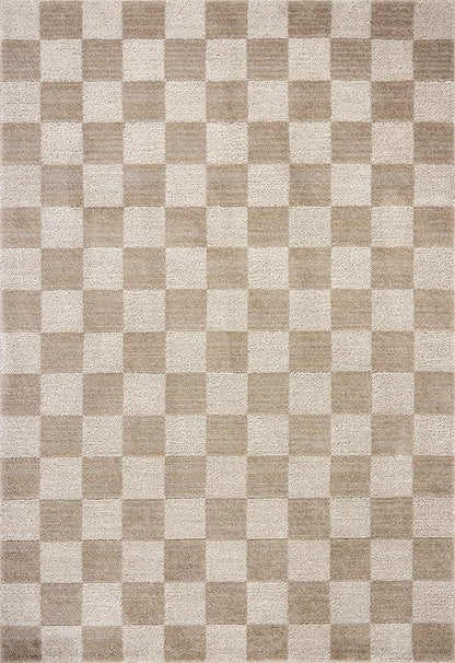 Loloi Chris Loves Julia Calvin Collection CLV-01 Pebble/Ivory 9'-6" x 12'-6" Area Rug Checkered Neutral Soft Living Room Bedroom Carpet