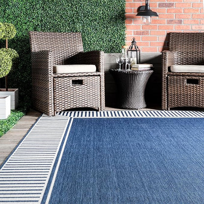 nuLOOM 6' 7" x 9' Outdoor Area Rug, Casual Design With Striped Border, Stain Resistant, Highly Durable, For Patio, Balcony, Bedroom, Living Room, Dining Room, Bathroom, Navy