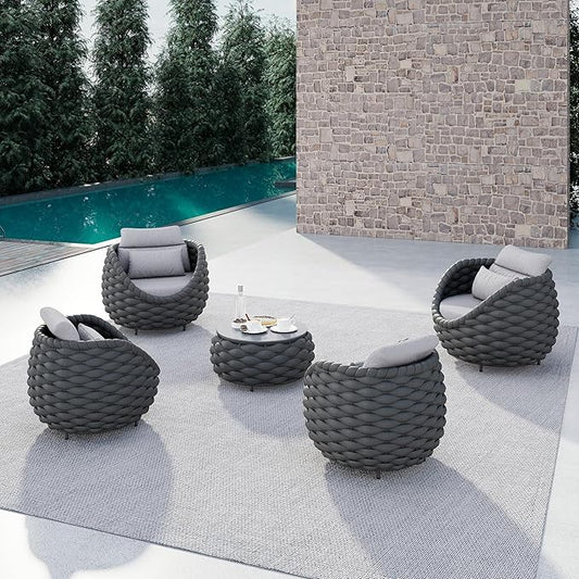 5 Pieces Balcony Seating Set: Aluminum Woven Rope Patio Chair Furniture Set - All Weather Metal Outdoor Conversation Set - Assembled Armchair with Table for Bistro Deck Porch Apartment Hotel