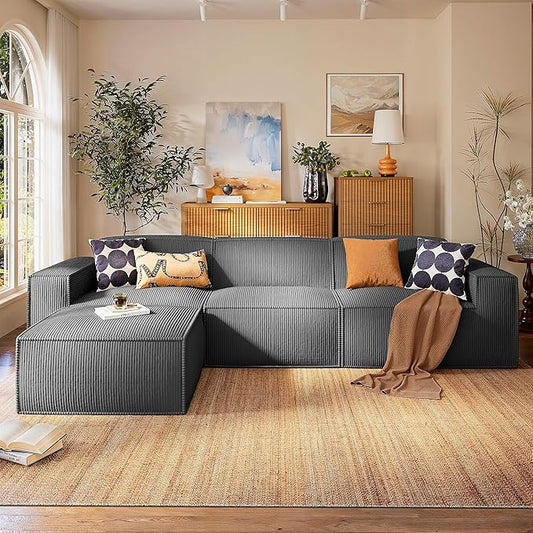 Marsail Modular Sectional Sofa, 111" L-Shaped Modular Sectional Couch with Deep Seat, Freely Combinable Sectional Clound Sofa for Living Room, No Assembly, Plush Corduroy Fabric, Grey