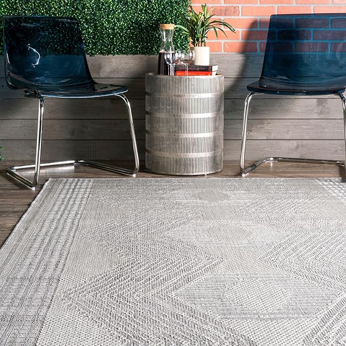 nuLOOM 2' x 10' Outdoor Tribal Geometric Area Rug, Stain Resistant, Weather Resistant, High Traffic, Patio, Balcony, Outside, Ranya Light Grey
