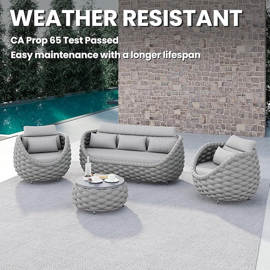 4 Pieces Woven Rope Patio Conversation Set: Rustproof Aluminum Frame, Weather Resistant, Thick Cushions, No Assembly, Easy to Clean, Comfy Outdoor Sofa Set for Porch Deck Yard Hotel - Gray