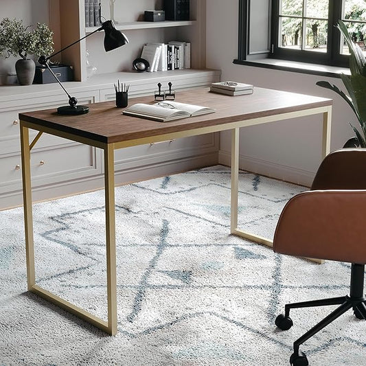 Martha Stewart Noah Home Office Parsons Desk in Walnut Wood Grain with Polished Brass Metal Frame
