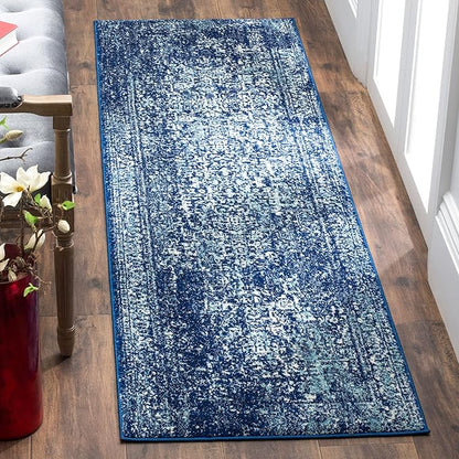 SAFAVIEH Evoke Collection 2'2" x 11' Navy/Ivory EVK256A Oriental Distressed Non-Shedding Living Room Bedroom Runner Rug