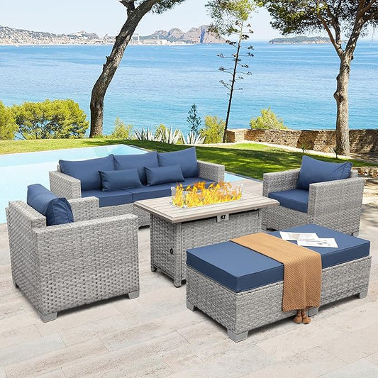 WAROOM Patio Furniture Set 6 Piece Grey Wicker Outdoor Furniture Patio Sectional Sofa Couch PE Rattan Conversation Sets with Fire Pit Table, Blue Cushion