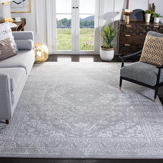 SAFAVIEH Area Rug 5' Square - Reflection Collection - Light Grey & Cream, Non-Shedding & Easy Cleaning, Ideal for Living Room, Bedroom (RFT668G)