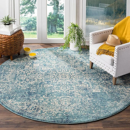 SAFAVIEH Evoke Collection Area Rug - 3' Round, Blue & Ivory, Distressed Design, Non-Shedding & Easy to Clean, Ideal for Foyer, Bedroom, Accent Space (EVK256C)