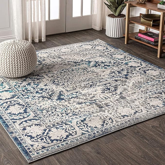 JONATHAN Y Modern Vintage Medallion Navy/Light Gray 6x6 Square Indoor Area Rug, Country, Floral, Easy-Cleaning for Living Room, Bedroom, Kitchen, Pet Friendly, Non-Shedding (MDP100B-6SQ)