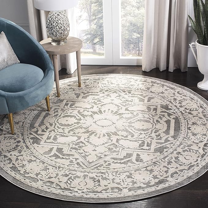 SAFAVIEH Reflection Collection Area Rug - 6'7" Round, Dark Grey & Cream, Non-Shedding & Easy Cleaning, Ideal for Living Room, Bedroom (RFT665B)