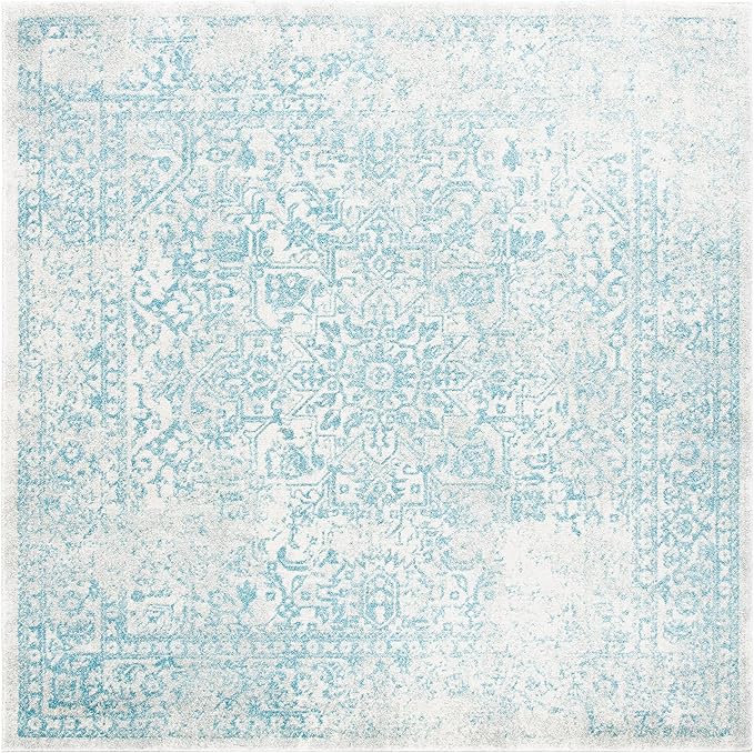 SAFAVIEH Evoke Collection Area Rug - 3' Square, Ivory & Aqua, Distressed Design, Non-Shedding & Easy to Clean, Ideal for Foyer, Bedroom, Accent Space (EVK256J)