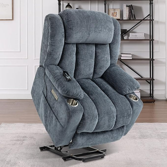 Power Lift Chair for Elderly, Electric Recliner Chair with 8-Point Vibration Massage and Lumbar Heating, Charging Ports, Cup Holders - Blue