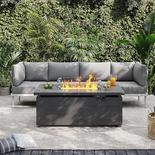 Sundale Outdoor 5 Pieces Patio Furniture Set with Fire Pit Table, Metal Outdoor Sectional Sofa with 6 Inch Olefin Cushion, All-Weather Modern Outdoor Conversation Sets (4 Seats,White Frame)