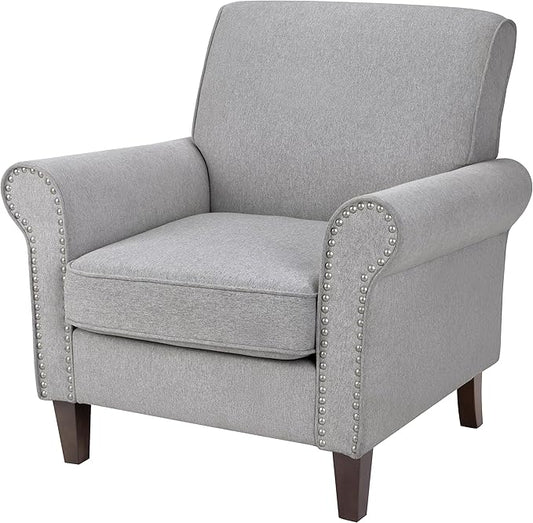 PrimeZone Comfy Accent Chair, Mid-Century Modern Fabric Living Room Chair Reading Chair with Soft Cushion, Nailhead Trim & Rolled Armrest, Arm Chair Sofa Chairs for Bedroom Waiting Room Office, Grey