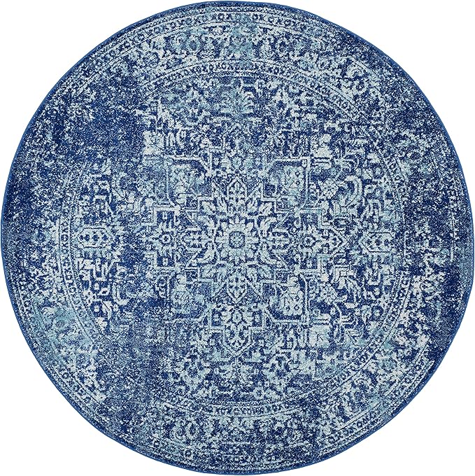 SAFAVIEH Evoke Collection Area Rug - 5'3" Round, Navy & Ivory, Distressed Design, Non-Shedding & Easy to Clean, Ideal for Living Room, Bedroom, Dining Space (EVK256A)