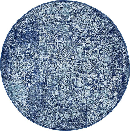 SAFAVIEH Evoke Collection Area Rug - 5'3" Round, Navy & Ivory, Distressed Design, Non-Shedding & Easy to Clean, Ideal for Living Room, Bedroom, Dining Space (EVK256A)