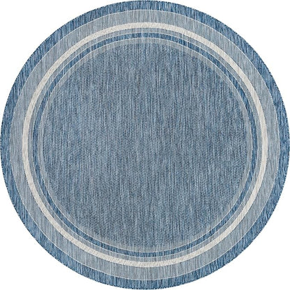 Unique Loom Outdoor Border Collection Area Rug - Soft Border (7' 10" Round, Blue/ Ivory)