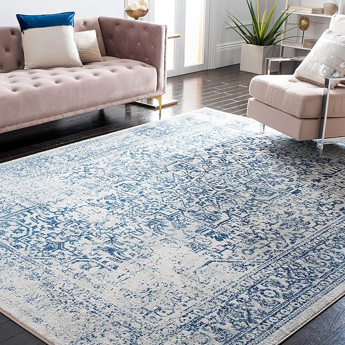 SAFAVIEH Evoke Collection 8' x 10' Ivory / Navy EVK256N Oriental Distressed Non-Shedding Living Room Bedroom Dining Home Office Area Rug