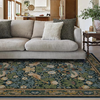 RUGGABLE x Morris & Co Washable Area Rug – Strawberry Thief Indigo 5x7, Stain-Resistant, Non-Slip – Medium Machine Washable Rugs for Living Room, Bedroom, Hallway, Entryway & Office–with Standard Pad