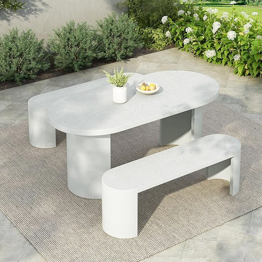 Christopher Knight Home Vicla 3 Pieces Durable Concrete Outdoor Dining Set with Stylish Terrazzo Finish, Patio Dining Table with 2 Benches, Oval Outdoor Patio Furniture Set with Pedestal Base, White