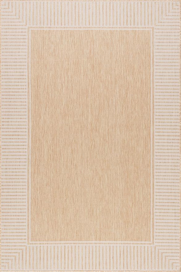 nuLOOM 4x6 Outdoor/Indoor Asha Area Rug, Tan, Casual Design with Striped Border, Stain Resistant, Highly Durable, for Patio, Balcony, Bedroom, Living Room, Dining Room, Bathroom