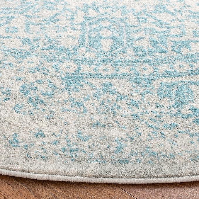 SAFAVIEH Evoke Collection Area Rug - 6'7" Round, Ivory & Aqua, Distressed Design, Non-Shedding & Easy to Clean, Ideal for Living Room, Bedroom, Dining Space (EVK256J)