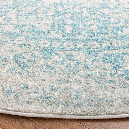 SAFAVIEH Evoke Collection Area Rug - 3' Round, Ivory & Aqua, Distressed Design, Non-Shedding & Easy to Clean, Ideal for Foyer, Bedroom, Accent Space (EVK256J)