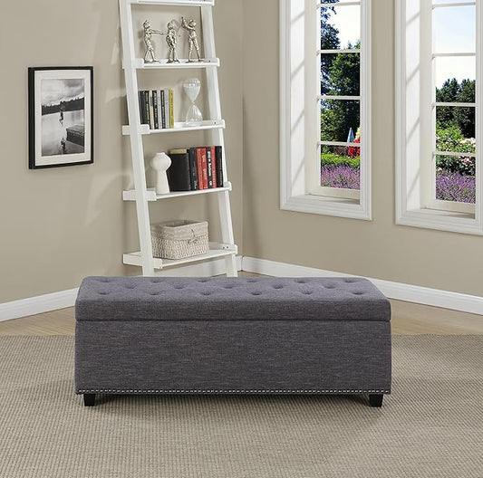 SIMPLIHOME Hamilton 48 inch Wide Transitional Rectangle Storage Ottoman in Slate Grey Linen Look Fabric, Assembled, For the Living Room, Entryway and Family Room