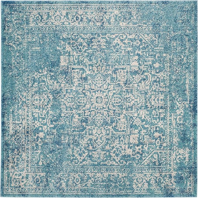 SAFAVIEH Evoke Collection Area Rug - 3' Square, Blue & Ivory, Distressed Design, Non-Shedding & Easy to Clean, Ideal for Foyer, Bedroom, Accent Space (EVK256C)