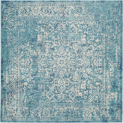 SAFAVIEH Evoke Collection Area Rug - 3' Square, Blue & Ivory, Distressed Design, Non-Shedding & Easy to Clean, Ideal for Foyer, Bedroom, Accent Space (EVK256C)