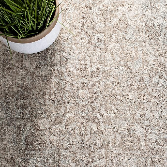 SAFAVIEH Evoke Collection Area Rug - 9' Square, Ivory & Taupe, Distressed Design, Non-Shedding & Easy to Clean, Ideal for Living Room, Bedroom, Dining Space (EVK256E)