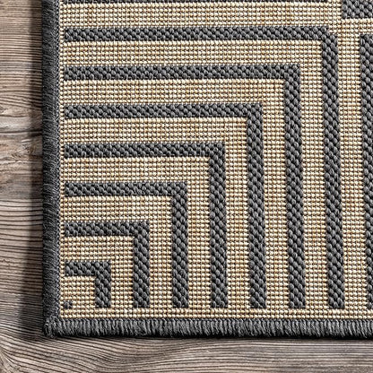 nuLOOM 8' x 10' Outdoor Area Rug, Casual Design With Striped Border, Stain Resistant, Highly Durable, For Patio, Balcony, Bedroom, Living Room, Dining Room, Bathroom, Dark Grey