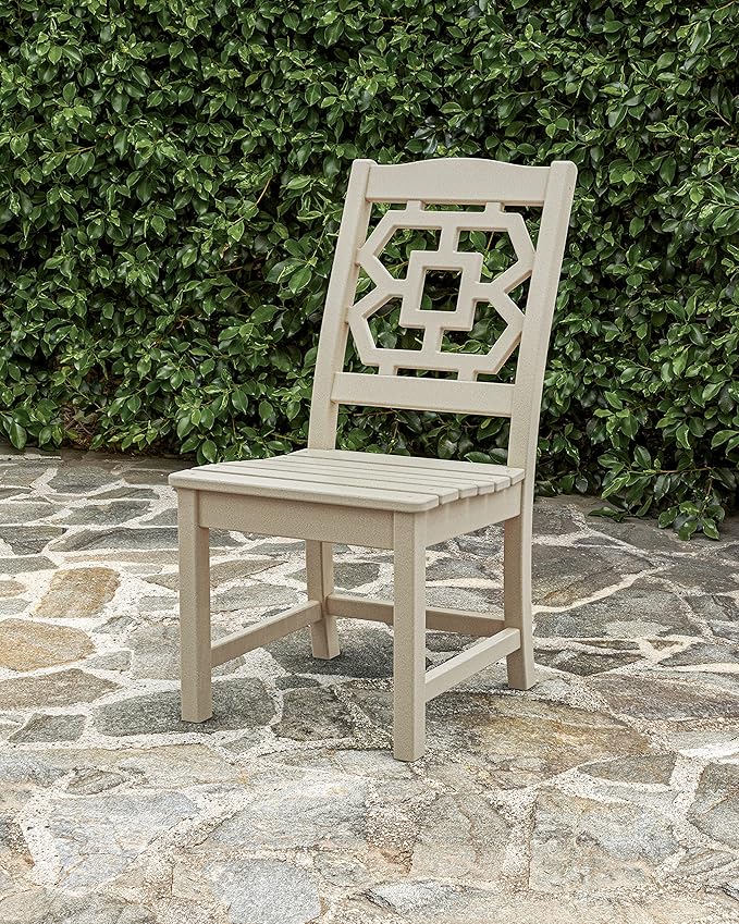 Martha Stewart by POLYWOOD Chinoiserie Outdoor Dining Side Chair, Slate Grey, Durable HDPE All-Weather, Comfortable Patio Seating with Latticework Back, Backyard, Garden Furniture, Made in The USA