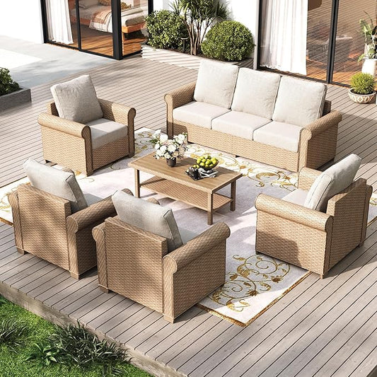 Patio Furniture Set 6 pcs, Wicker Rattan Sofa with 5.5" Thick Waterproof Cushions, 4 Chairs and Coffee Table, All Weather Outdoor Conversation Set for Backyard Deck, 7 Seats Beige