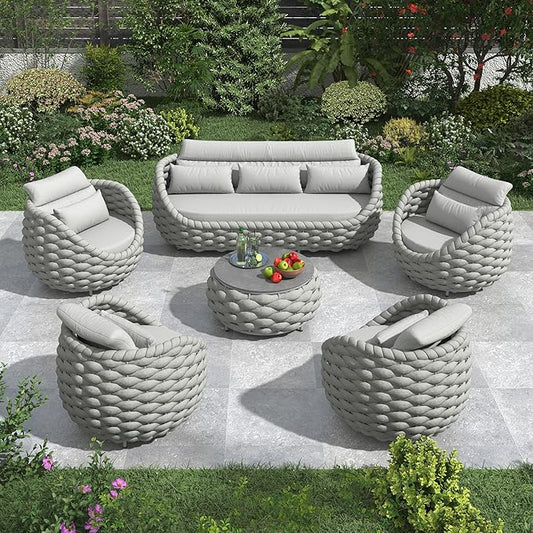 6 Pieces Deck Patio Furniture Set: Hand Woven Rope, Rusrproof Aluminum Frame, Weather Resistant, Thick Cushions, No Assembly, Comfy Outdoor Conversation Sofa Set for Porch Yard Lawn Hotel - Gray