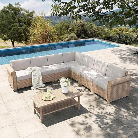 HERA'S HOUSE Patio Furniture Set, All Weather 7 Seats Outdoor Sectional Wicker Sofa with 44" Coffee Table, 5.5" Thick Waterproof Cushion 8 Piece Modular Conversation Sofa Set for Garden Deck Backyard