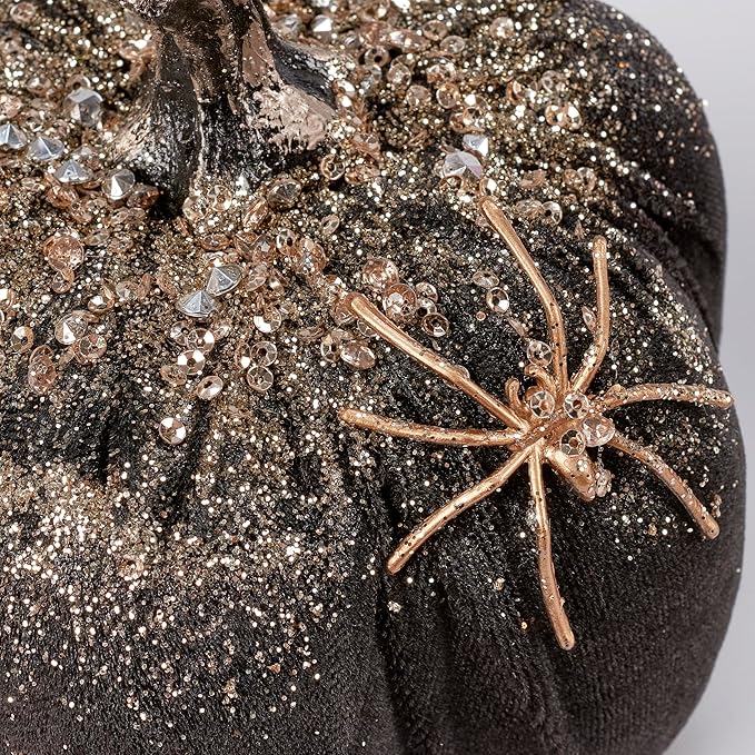 Primitives by Kathy Sesonal Home Decor Accessory Black and Gold Glitter and Jewels Spider Pumpkin, 5.25' Diameter x 6.25', Halloween Decorative Pumpkin