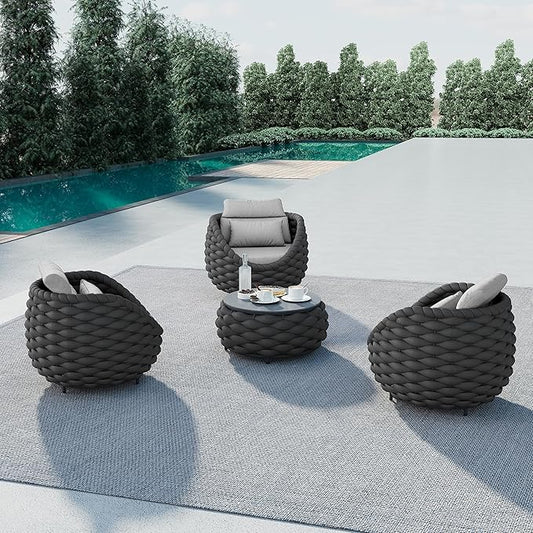 4 Pieces Balcony Seating Set: Aluminum Woven Rope Patio Chair Furniture Set - All Weather Metal Outdoor Conversation Set - Assembled Armchair with Table for Bistro Deck Porch Apartment Hotel