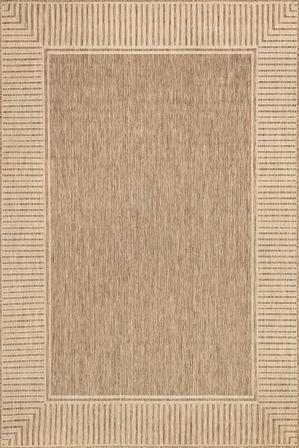 nuLOOM 7' Square Outdoor Area Rug, Casual Design with Striped Border, Stain Resistant, Highly Durable, for Patio, Balcony, Bedroom, Living Room, Dining Room, Bathroom, Light Brown