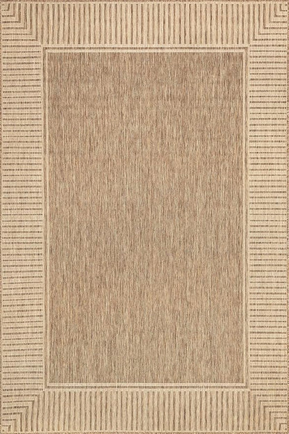 nuLOOM 8' Square Outdoor Area Rug, Casual Design with Striped Border, Stain Resistant, Highly Durable, for Patio, Balcony, Bedroom, Living Room, Dining Room, Bathroom, Light Brown