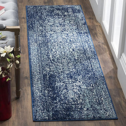 SAFAVIEH Evoke Collection Accent Rug - 2'2" x 5', Navy & Ivory, Distressed Design, Non-Shedding & Easy to Clean, Ideal for Front Door, Kitchen, Entryway, Accent Space (EVK256A)