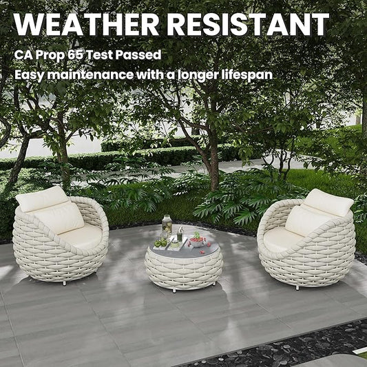 Front Porch Furniture Set 3 Piece: Aluminum Woven Rope Patio Conversation Sofa Set for 2 - Assembled Outdoor Deck Couch Armchair Set Cushions - for 400lb Balcony Pool Yard Bistro Hotel Lanai - Beige